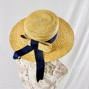 Vintage Laura Ashley Natural Straw Hat Made in Great Britain with Navy Ribbon